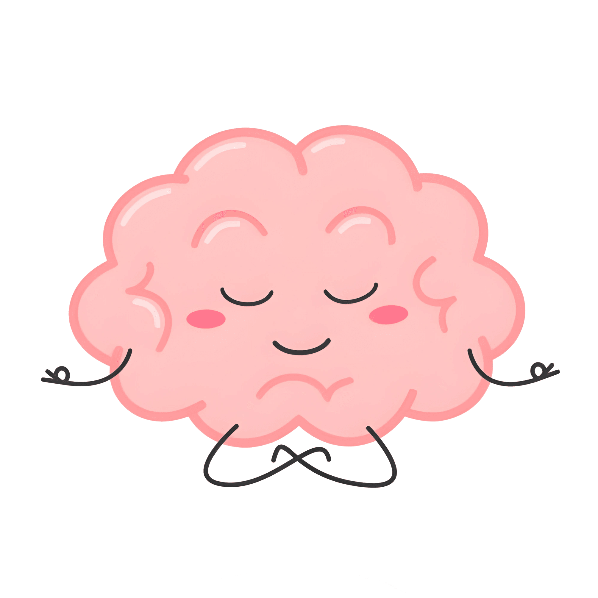 Cute cartoon illustration of a pink brain meditating in a peaceful pose